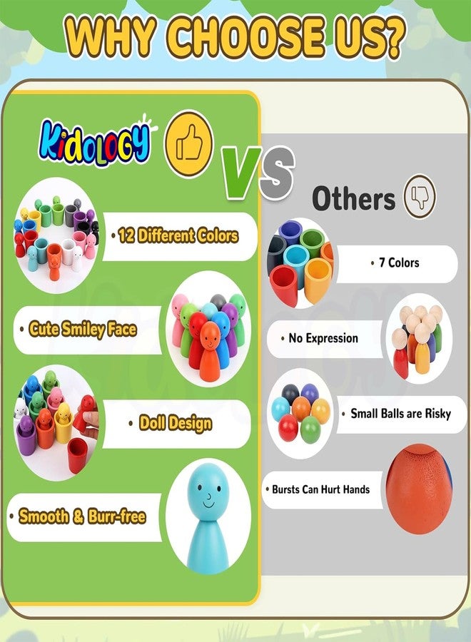 Kidology Color Sorting Cups Toy for Toddlers | 12 Wooden Matching Dolls with Cups | Montessori Stacking & Color Recognition Game | Educational Preschool Learning Toy for Kids 3+ Years - Image 5